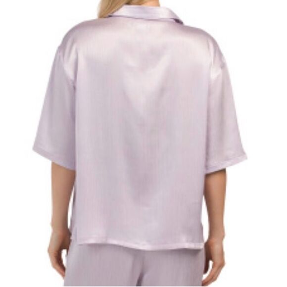 Jason Wu L & XL Lavender Button Front Short Sleeve Top Pants Crinkle Satin PJ - Picture 4 of 16